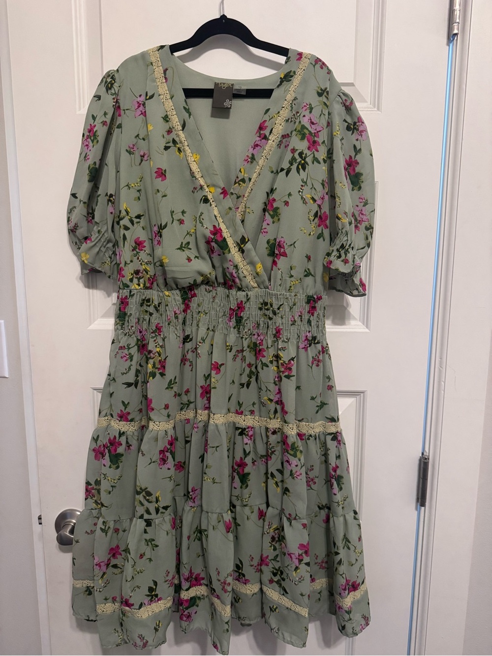 Light Sage Floral Wrap Dress with Pink Floral Print